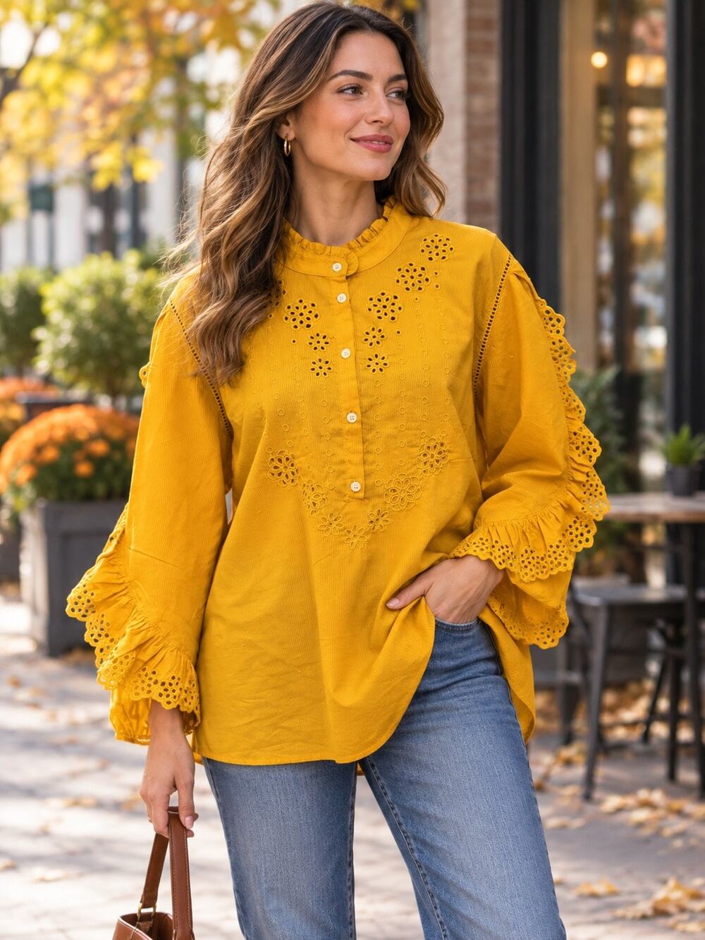 Crew Eyelet Embroidered Tunic Blouse Womens L Mustard Yellow Cotton NWT Boho
